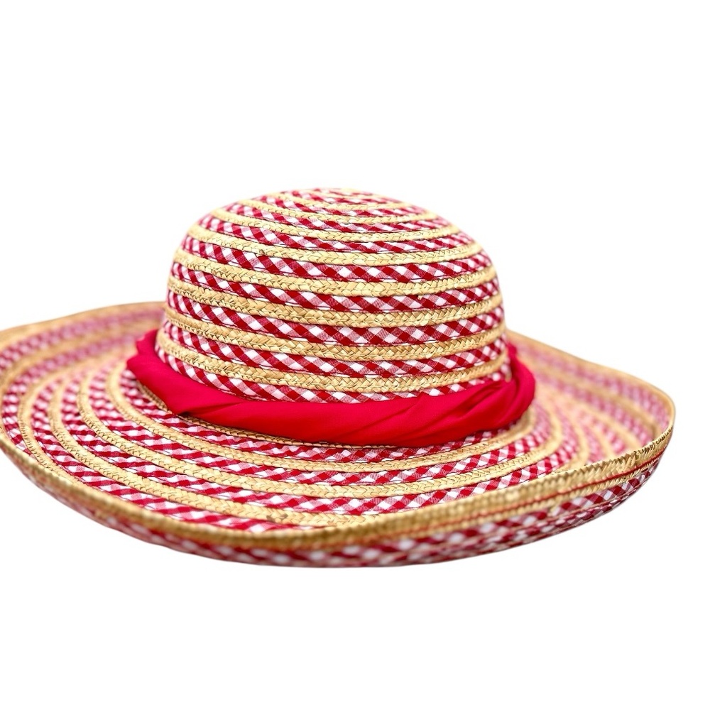 August Red Gingham Vintage Straw Hat - Picture 3 of 7